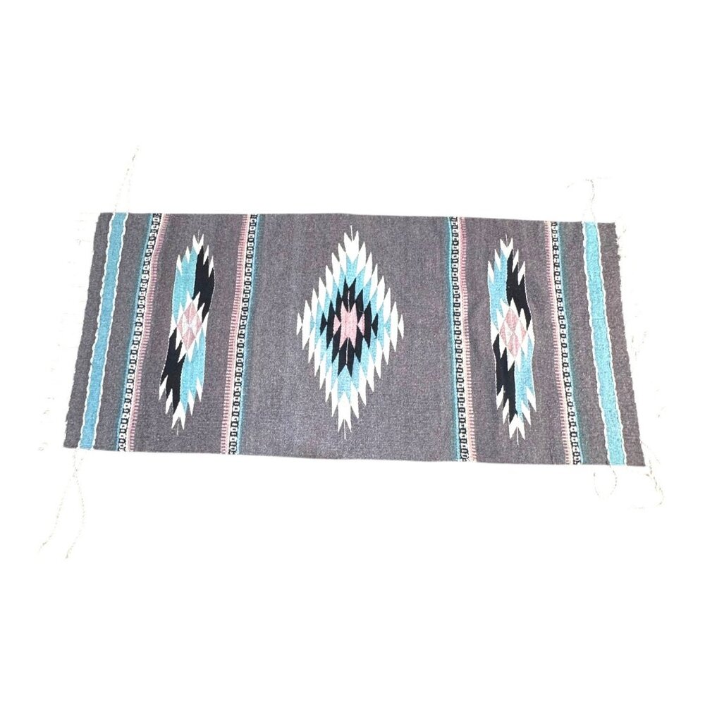 Handwoven Southwestern Aztec Tribal Wool Rug Gray Table Runner Blue Grey Fringe
